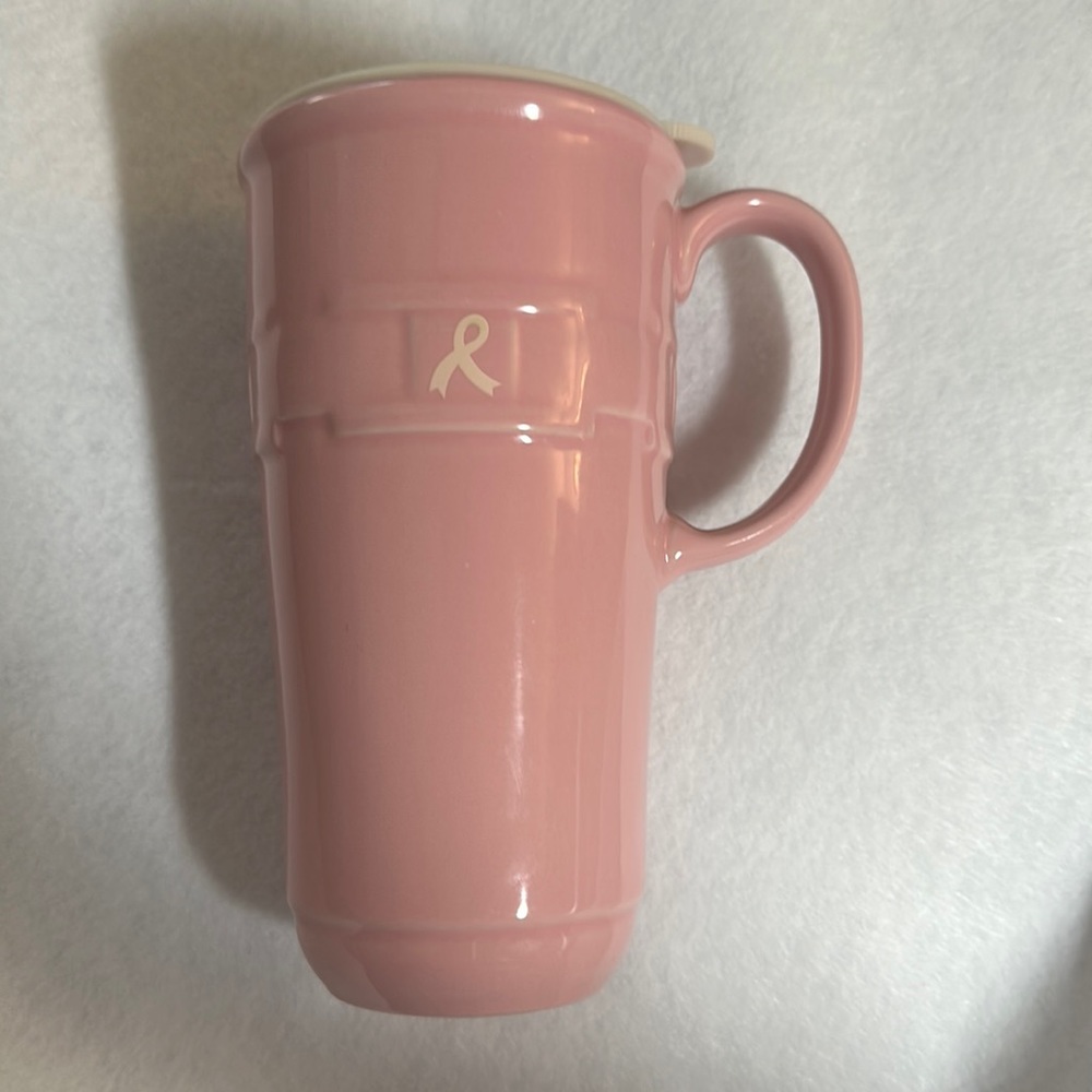 Longaberger Pottery Woven Traditions Travel Mug - Breast Cancer Edition